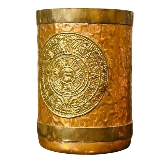 Vintage Hammered Copper and Brass Mug with Mayan Calendar - Picture 2 of 7